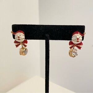 Santa Claus With Bow Enamel Rhinestone Drop Gold-Tone Pierced Earrings